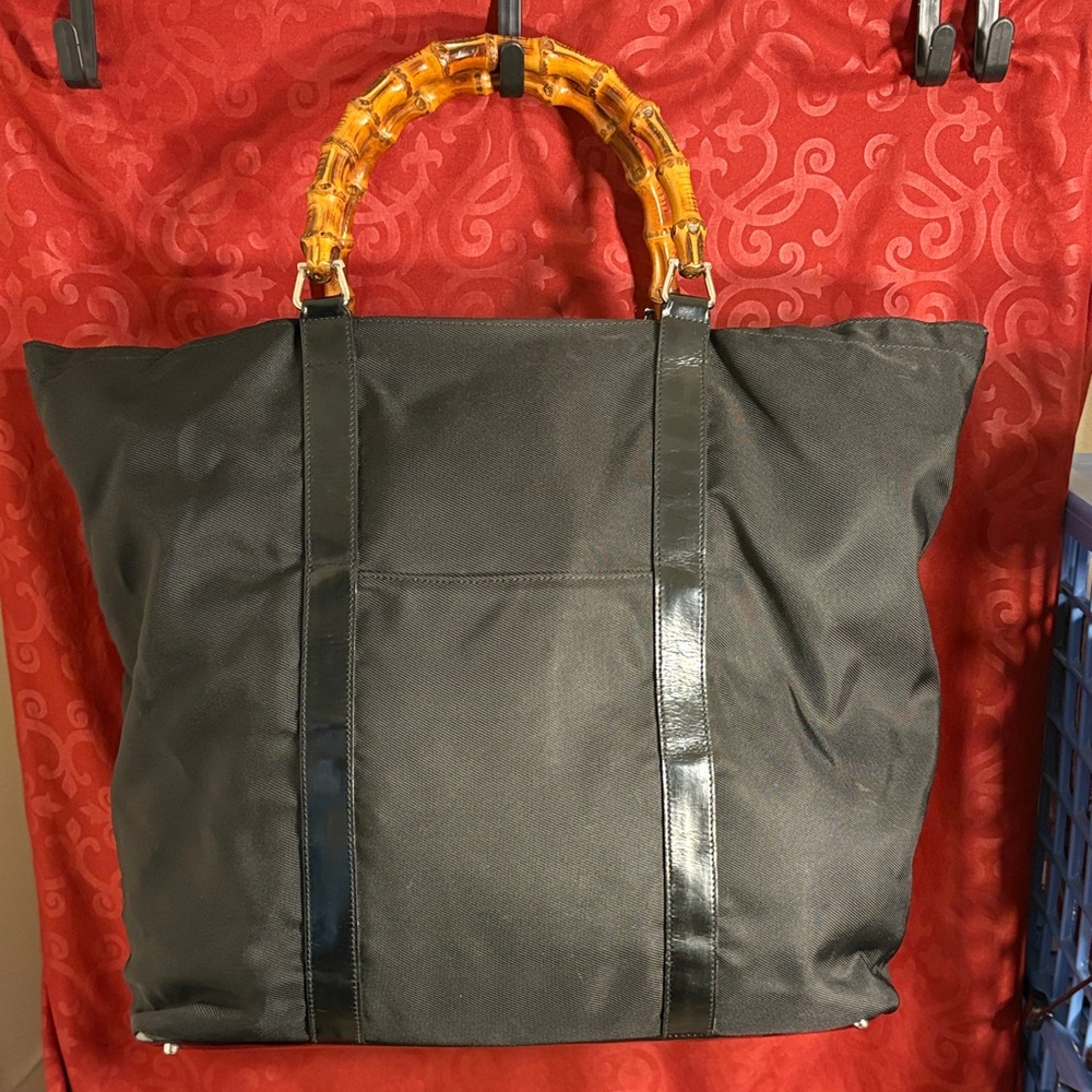 Gucci EUC - Black Nylon Travel Tote Bag with Bamboo Handles